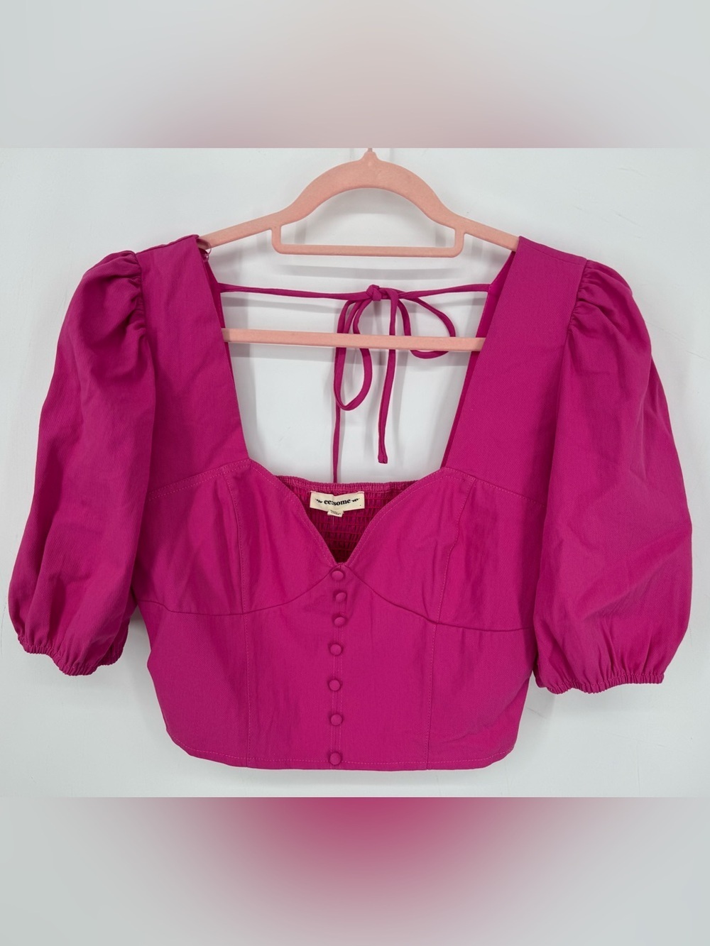 eesome Barbiecore Hot Pink Puff Sleeve Smocked Back Corset Crop Top Large NWT